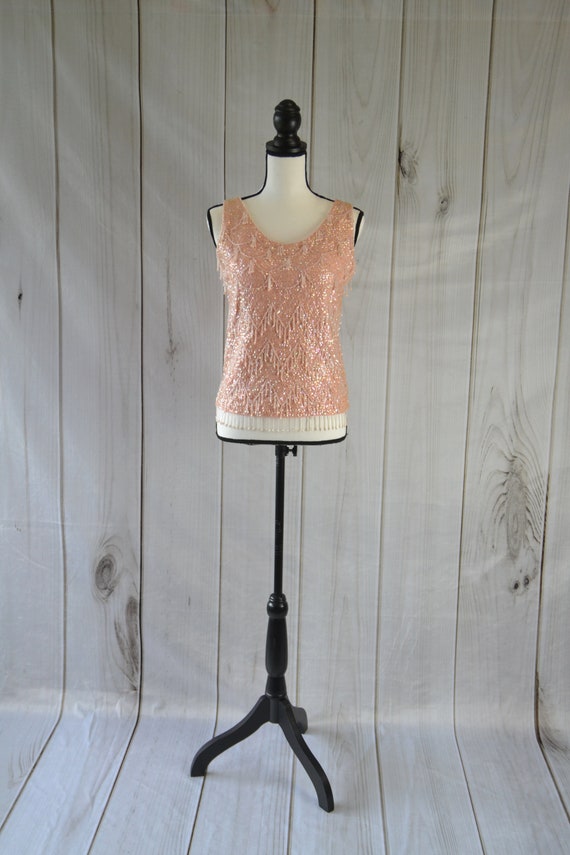 Vintage Beaded and Sequin Tank Top Shirt Pink Tank