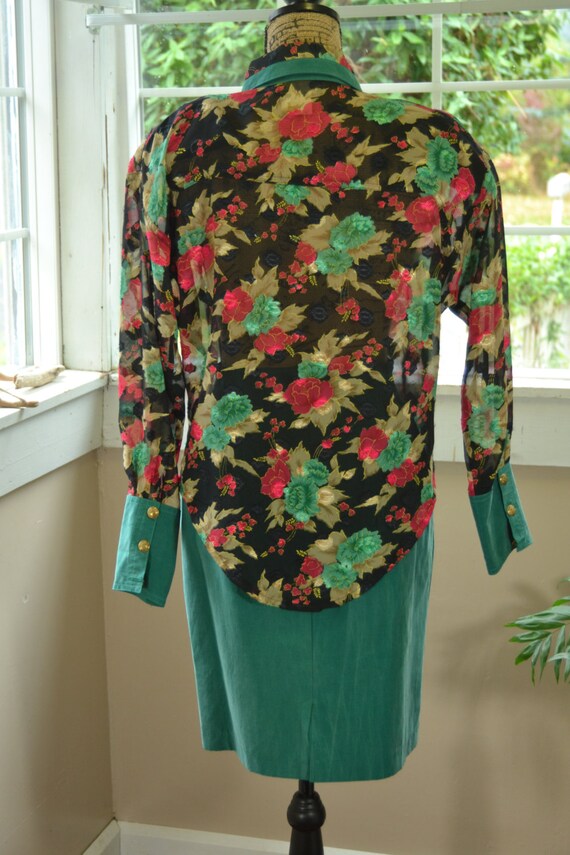 Vintage Skirt Suit Green and Black Floral Dress b… - image 3