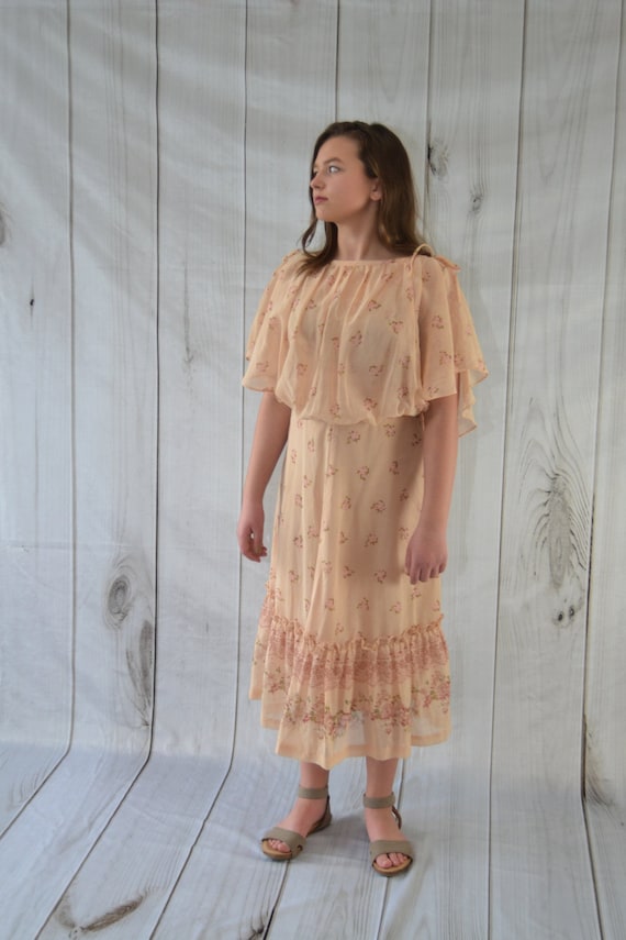 Vintage Boho Floral Dress Tan and Pink Summer Dres