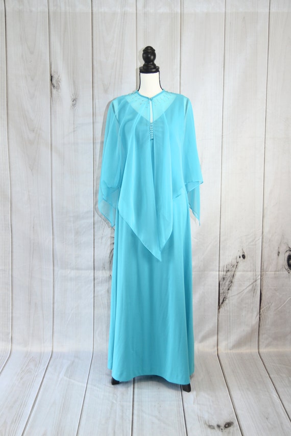 Vintage Blue Polyester Dress Sleeveless With Shaw… - image 5