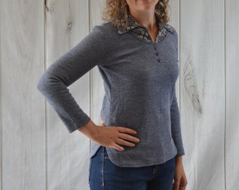 Vintage Women's Long Sleeve Polyester Shirt 70's Shirt Blue Shirt - Medium