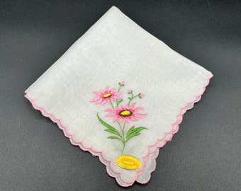 Vintage Women's Handkerchief with Hand Embroidered Pink Flowers Hankie Hanky Made in Switzerland New Old Stock