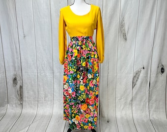 Vintage 1970's Yellow and Floral Dress Long Retro Dress made by Mr. B of California - XS - Small