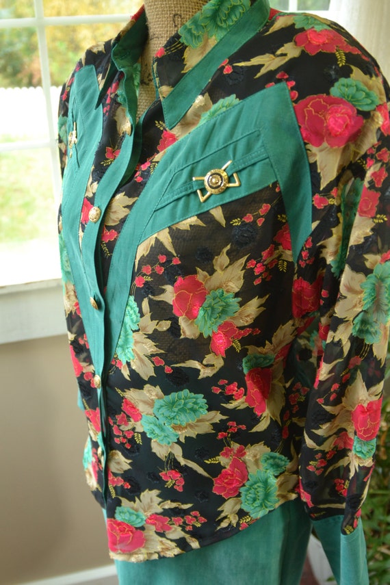 Vintage Skirt Suit Green and Black Floral Dress b… - image 2