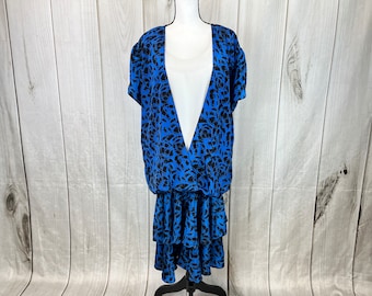 Vintage 1980's Perceptions Plus Drop Waist Dress Blue and Black Dress - XL