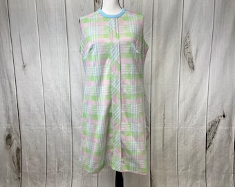 Vintage 1970 poliéster cuadros rosa y verde vestido sin mangas - XL