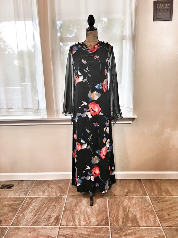 1970s Dress Vintage Black Floral Chiffon Dress