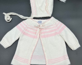 vintage Pull et bonnet bébé fille en tricot acrylique blanc et rose Orlon 3-6 mois