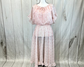 Vintage Pink Floral Country Western Flowy Dress Short Sleeve Ruffle Full Skirt Dress - Medium - Large
