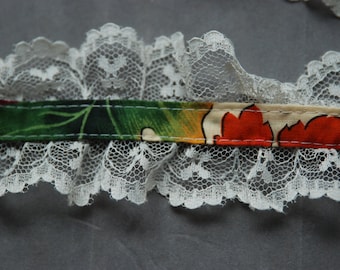 Vintage Fall Lace Trim White Scalloped Lace Trim with Green Brown and Orange Fabric Trim 5 yards