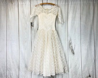 Vintage 1950's White Lace Dress by Lorrie Deb Wedding Dress Party Dress - XS