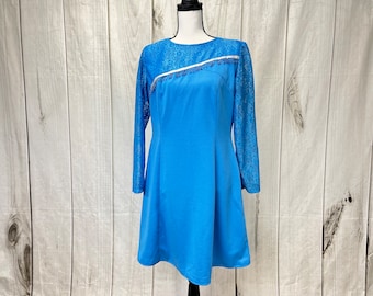 Vintage Lane Bryant Dress Blue Polyester and Lace Beaded Long Sleeve Dress - XL