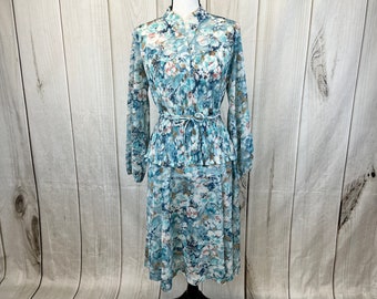 Vintage Discovery Fashions Blue Floral Dress Long Sleeve - Medium