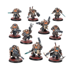 May include: A collection of miniature figurines, each depicting a character in a brown coat, orange vest, and dark pants. The figures are armed with various weapons, including guns, knives, and a crossbow. They stand on red circular bases.