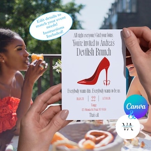 May include: An invitation card with the text "You're invited to Andrea's Devilish Brunch" and a red high-heeled shoe graphic. The card is held by a person. The Canva logo is visible. The event details are included.