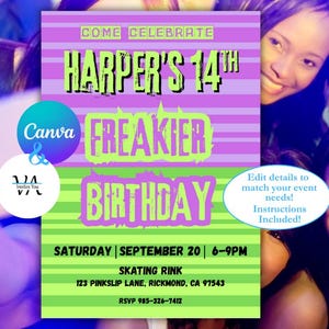 Simple Freakier Friday Birthday Invitation Template - Purple and Green - Editable/Printable (Digital Download) - VAInvitesYou
