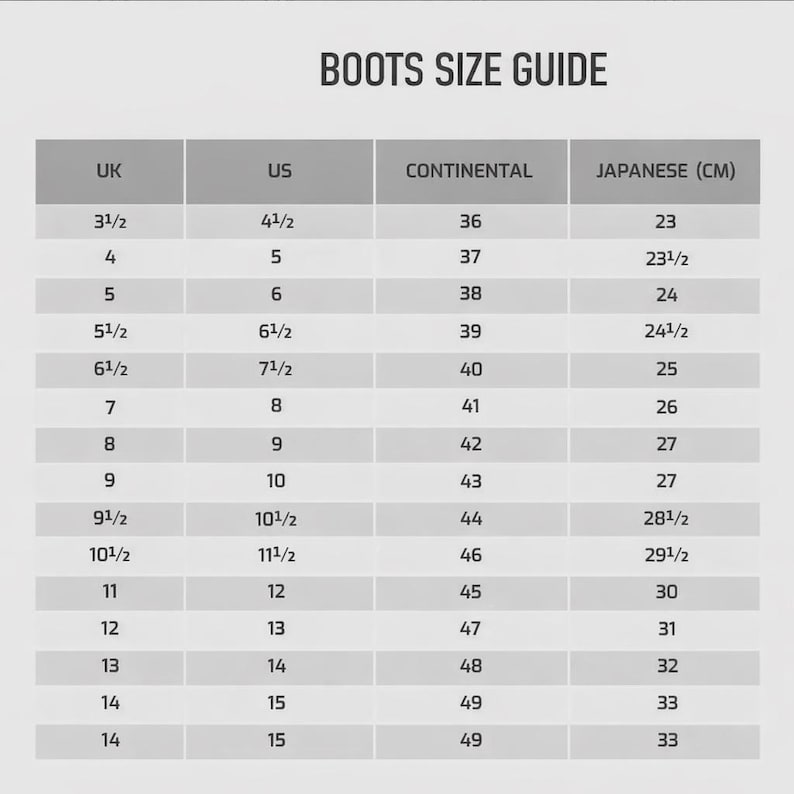 May include: A boot size guide displaying UK, US, Continental, and Japanese (CM) sizes. The chart ranges from UK 3 1/2 (US 4 1/2, Continental 36, Japanese 23 cm) to UK 14 (US 15, Continental 49, Japanese 33 cm).
