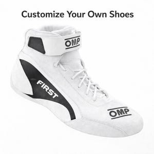 May include: White high-top racing boot with black detailing and the word "FIRST" printed on the side. The boot features a strap with the word "OMP" and white laces. The text "Customize Your Own Shoes" is at the top.