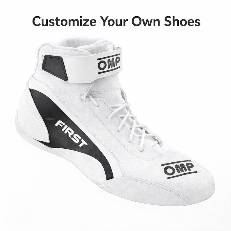 May include: White high-top racing boot with black detailing and the word "FIRST" printed on the side. The boot features a strap with the word "OMP" and white laces. The text "Customize Your Own Shoes" is at the top.