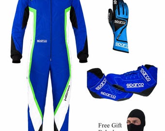 sparco Blue Neon Green Racing Suit, Boots, Gloves Set, CIK/FIA Level 2 Approved