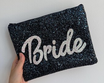 Navy Glitter “Bride” Clutch Bag – Bride Wedding Purse with White Iridescent Glitter Lettering – Hen Party, Honeymoon Gift