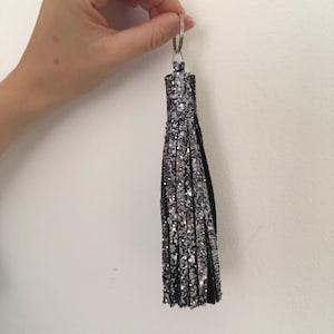 Gunmetal Glitter Tassel Keyring, Sparkly Bag Charm, Key Holder, Gift for Her, Zipper Charm
