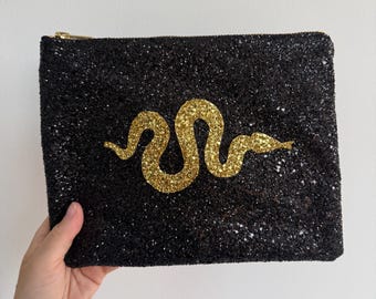 Bolso de mano negro brillante con serpiente dorada / Bolso de noche brillante / Bolso de fiesta llamativo / Bolso de mano glamuroso para salir de noche