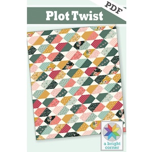 Pode incluir: Um padrão PDF para um edredom chamado "Plot Twist" de "a bright corner". O edredom apresenta um padrão geométrico de formas de diamantes coloridos em tons de rosa, verde, amarelo e vermelho.