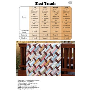 May include: A quilt pattern chart for "Fast Track" with instructions for crib, lap, throw, and twin sizes. The chart lists the fabric requirements for each size, including pre-cut strips, squares, and fat quarters. The chart also includes the yardage needed for contrasting print, backing, and binding.