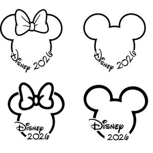May include: Four black and white Mickey Mouse and Minnie Mouse head outlines. Two have bows, and all four have the text "Disney 2026" in a script font. The heads are in a simple, minimalist style.