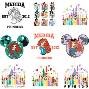 Puede incluir: Una colección de diseños gráficos con princesas de Disney. Los diseños incluyen a Merida, escenas de castillos y retratos de princesas con orejas de Mickey Mouse. El texto incluye "Merida", "Princess", "Disney Squad" y "Friends".