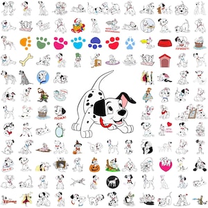 Pode incluir: Uma coleção de ilustrações de cães dálmatas em várias poses e estilos. As imagens incluem pegadas, uma casinha de cachorro e um osso. A imagem central é um dálmata brincalhão com manchas pretas e uma coleira vermelha.