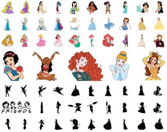 Princess SVG Bundle, Tiana Rapunzel Frozen Clipart, Belle Aurora Ariel Silhouette SVG, Snow White Cinderella Cricut Files, Digital Download