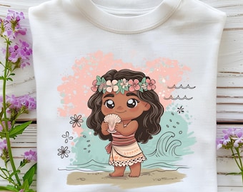 Chibi Moana Shell Png, Cute Island Girl on Beach Clipart, Tropical Flower Crown Design, Pastel Summer Sublimation Art, Digital Download