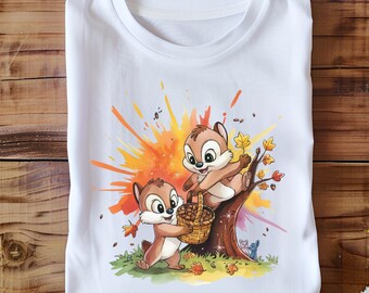 Chip and Dale Autumn PNG, Cute Squirrel Clipart Gathering Nuts, Fall Leaves Watercolor Scene, Printable Design for Sublimation Crafts