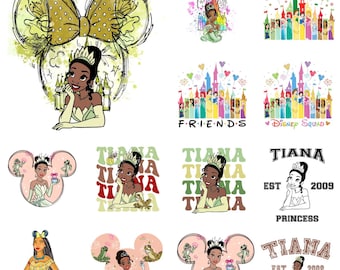 Paquete de imágenes prediseñadas de Tiana, imágenes prediseñadas de La Princesa y el Sapo, imágenes prediseñadas de vestido verde de cuento de hadas, arte de beso de rana mágico para sublimación, descarga instantánea