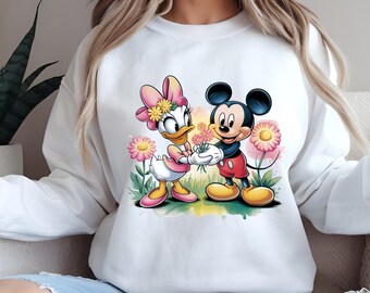 Mickey and Daisy PNG, Flower Gift Clipart, Cute Spring Couple Design for T-Shirts, Cards, Mugs, Sublimation, Planner Stickers, Printable Art