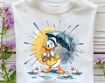 Rainy Day Donald Duck Png, Cute Duckling Cartoon Clipart, Umbrella Splash Sublimation Design, Spring Shirt Digital File for Kids & Gifts