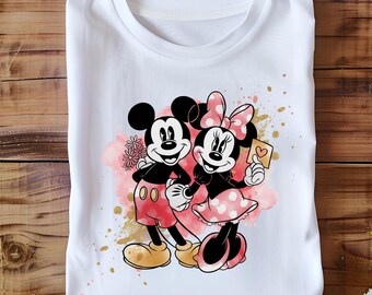 Romantic Mickey and Minnie PNG, Love Letter Valentine Clipart, Red and Gold Watercolor Style for T-Shirts, Scrapbook, Cards, Sublimation Art
