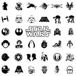 Könnte beinhalten: Eine Sammlung von schwarz-weißen Illustrationen zum Thema Star Wars. Die Bilder zeigen Charaktere wie Yoda, Darth Vader und R2-D2 sowie ikonische Symbole wie den Todesstern und das Star Wars-Logo.