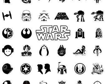 Pacchetto di silhouette SVG di loghi e personaggi di Star Wars, design PNG minimalisti di Darth Vader, Yoda, R2D2 e Leia per Cricut, download di SVG, PNG e DXF