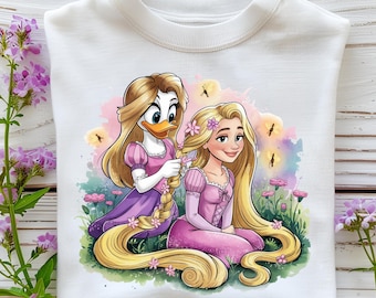 Rapunzel and Daisy PNG, Long Hair Braid Scene Clipart, Purple Dress Fairytale Style, Cute Friends Digital Art for Sublimation Projects