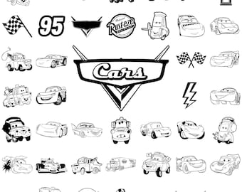 Autos PNG, Autos Clipart, Autos SVG, Paquete de cumpleaños de aviones y autos, Descarga instantánea, Descarga instantánea Lightning Mcqueen Mater, Letra cromada