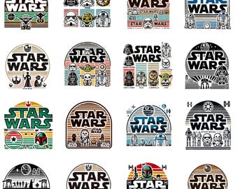 Distintivo retrò di Star Wars in formato PNG, Galaxy vintage in formato PNG, Loghi del robot Yoda Vader e Leia, Set di adesivi Droid Stormtrooper, Design per magliette di fantascienza in sublimazione