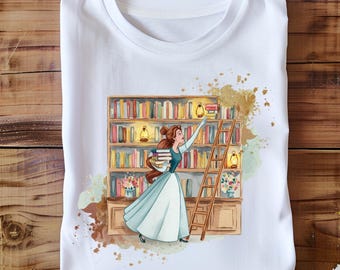 Clipart PNG di Belle Library, scena di lettura di una principessa amante dei libri, libreria vintage con acquerello stampabile per magliette, artigianato, arte della sublimazione