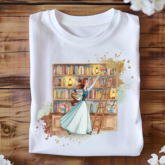 Belle Library PNG Clipart, Book Lover Princess Reading Scene, Vintage Bookshelf Watercolor Printable for Shirts, Crafts, Sublimation Art