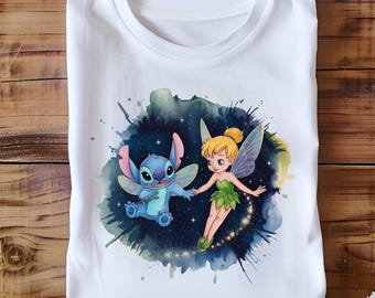 Tinker Bell and Stitch PNG, Fairy and Alien Duo Clipart, Magical Galaxy Background Digital Art for Cricut Projects, Sublimation, Kids Decor