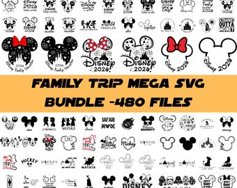 May include: A collection of Disney-themed SVG files, featuring Mickey and Minnie Mouse silhouettes, bows, and castle designs. The text "Family Trip Mega SVG Bundle - 480 Files" is displayed.