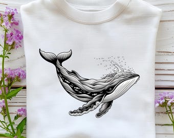 精巧なクジラのイラストPNG、白黒の手描きの海洋動物クリップアート