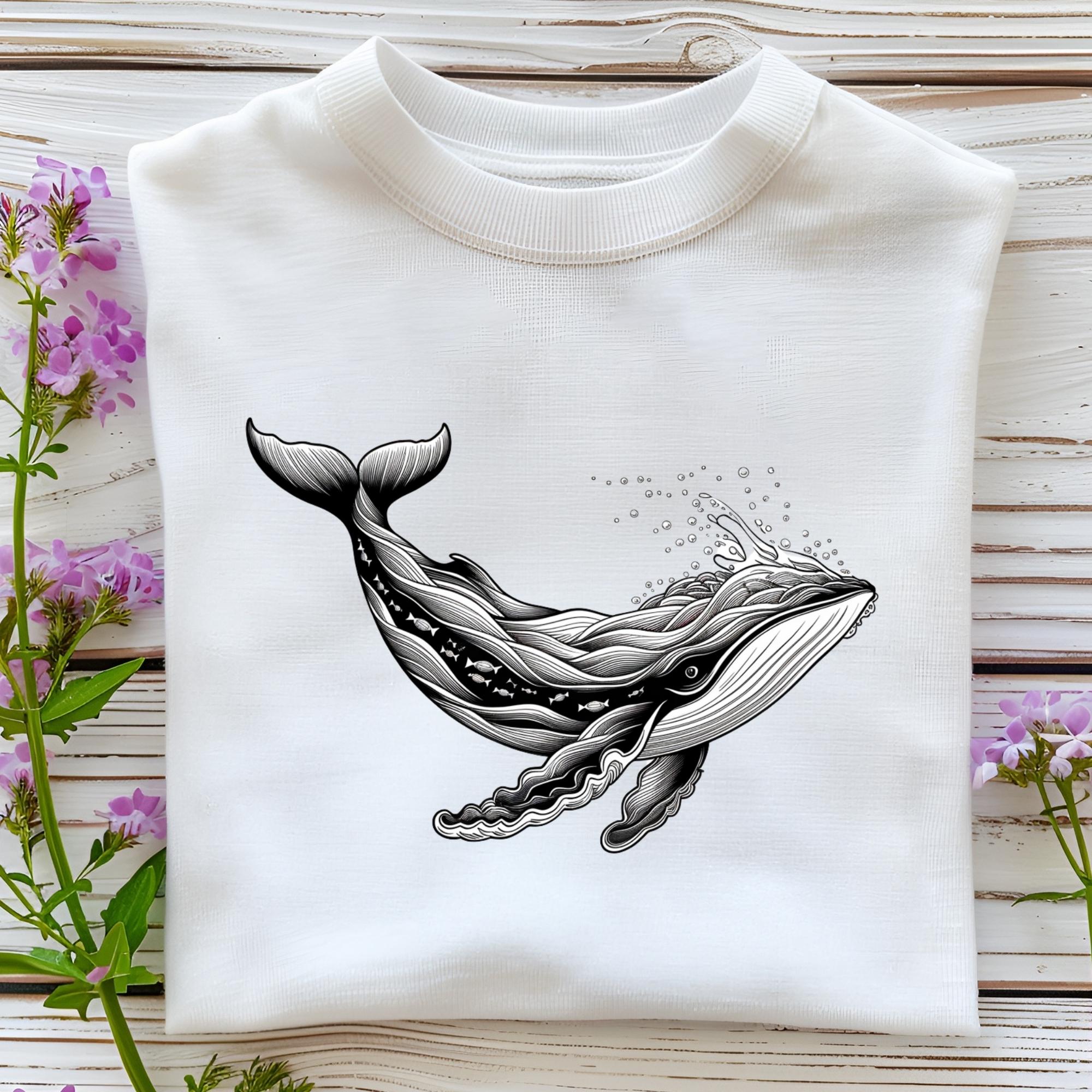 精巧なクジラのイラストPNG、白黒の手描きの海洋動物クリップアート